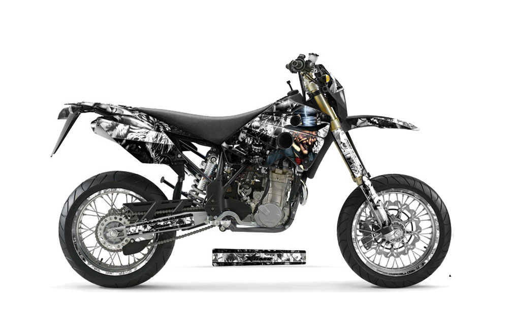 Husaberg FC 400 Dirt Bike Graphics: Mad Hatter - Black White MX Graphic Wrap Kit (2001-2005)
