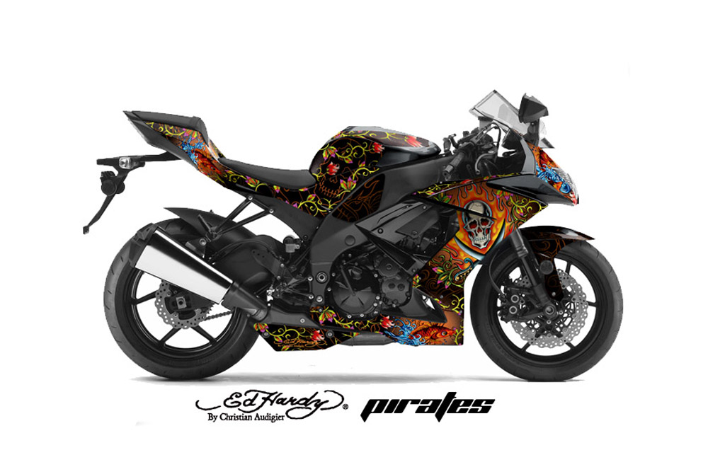 Kawasaki ZX10 Ninja Street Bike Graphics (2008-2009) Ed Hardy Pirate -  Orange Sport Bike Graphic Kit