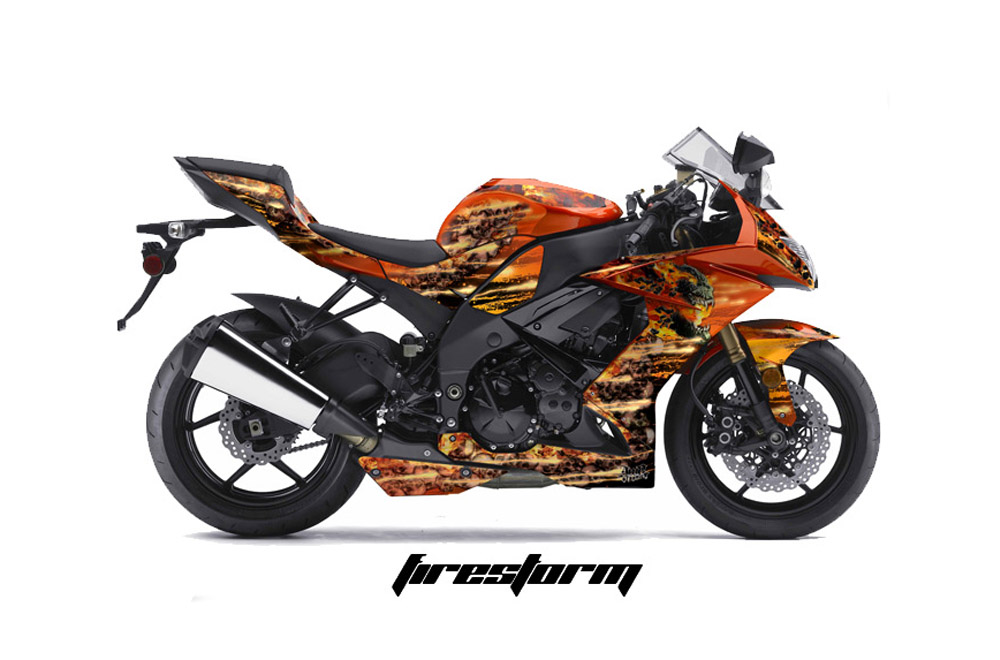 Kawasaki ZX10 Ninja Street Bike Graphics: Firestorm - Orange Sport Bike Graphic Kit