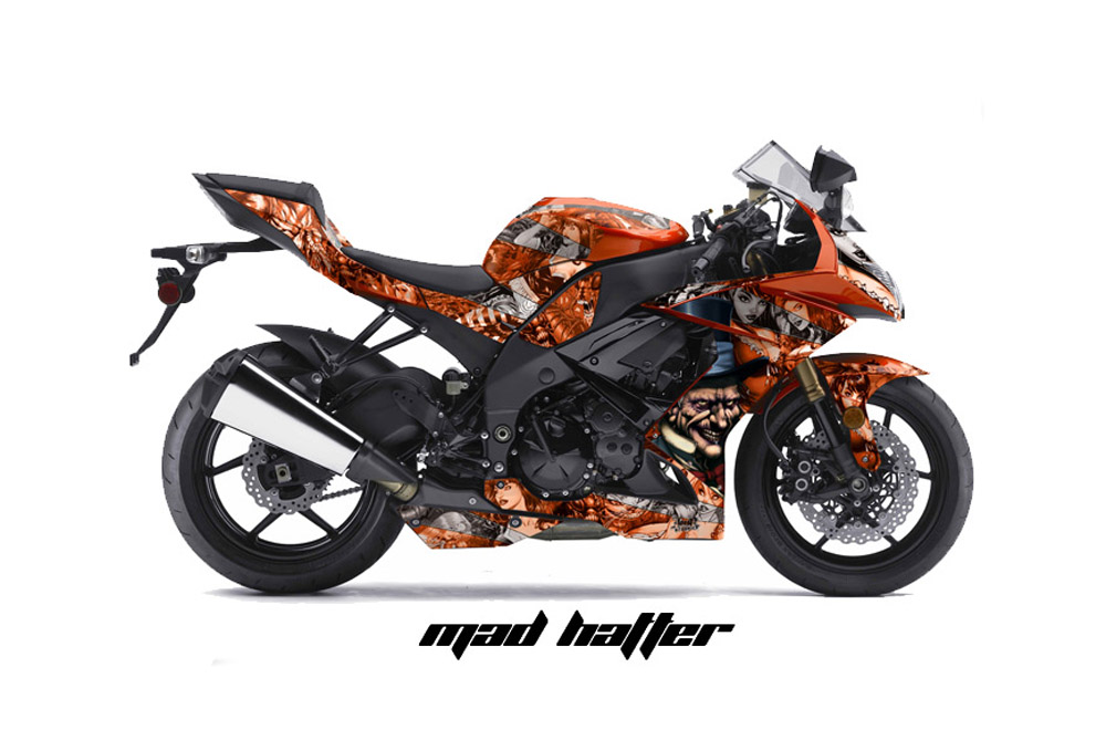 Kawasaki ZX10 Ninja Street Bike Graphics: Mad Hatter - Orange Sport Bike Graphic Kit