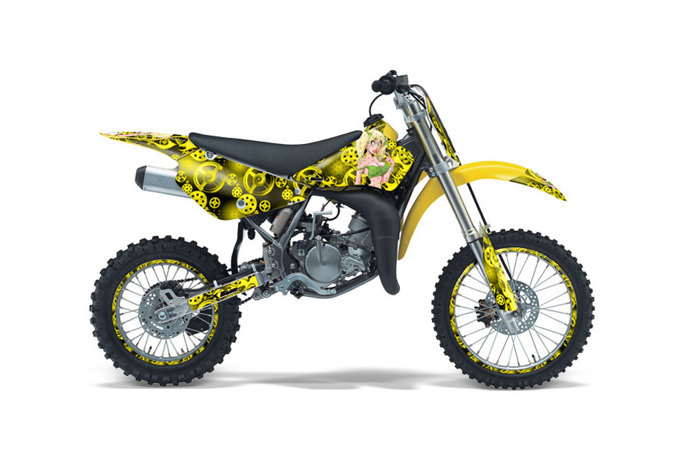 Suzuki RM 85 Dirt Bike Graphics: Motorhead Mandy - Yellow MX Graphic Wrap Kit (2002-2015)